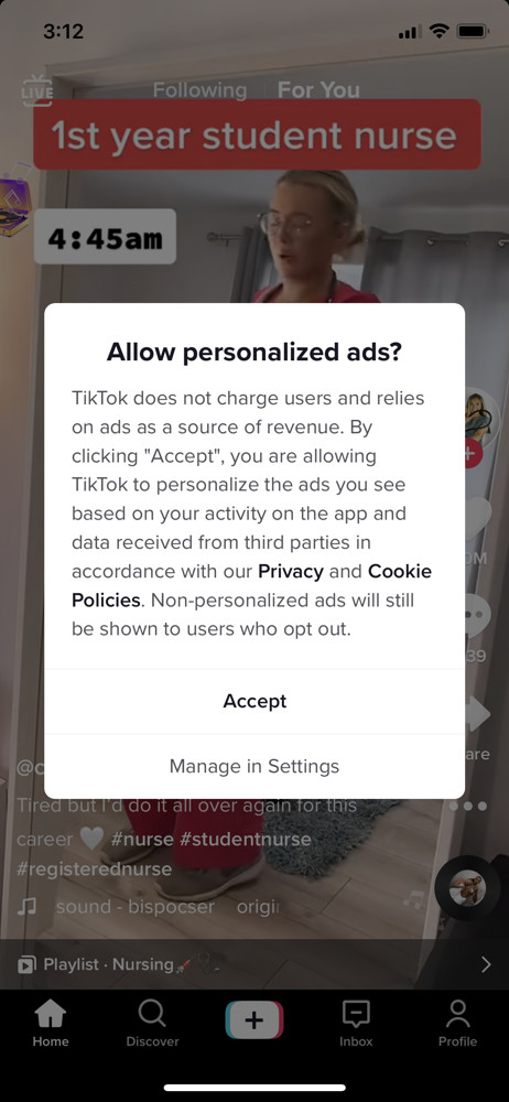TikTok Enable personalized ads screenshot