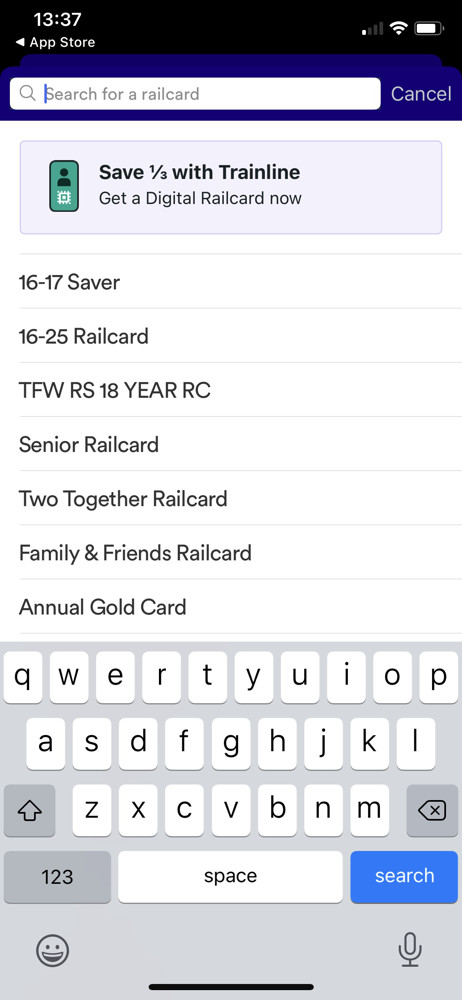 Trainline Add railcard screenshot