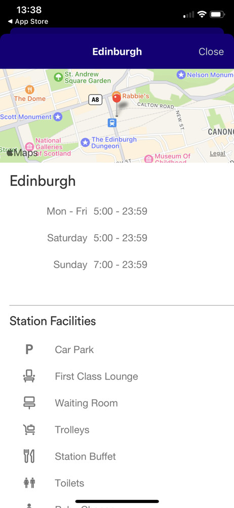 Trainline Location details screenshot