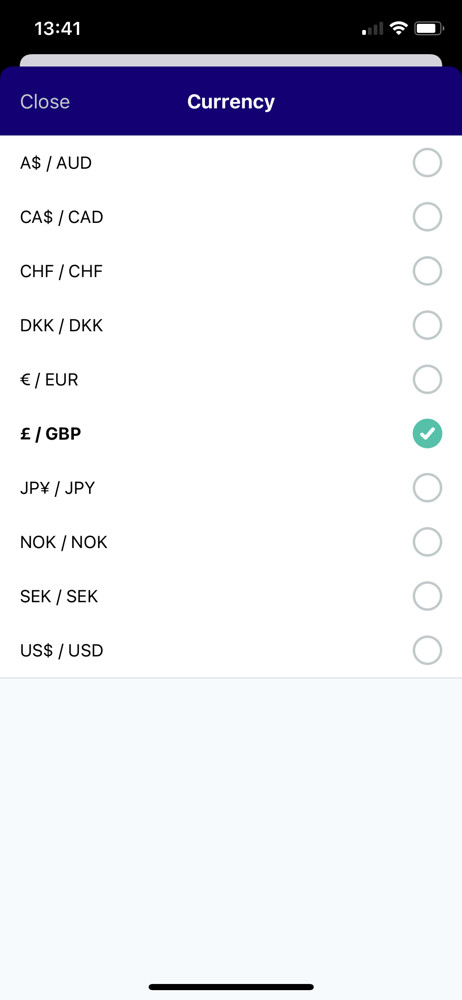 Trainline Select currency screenshot