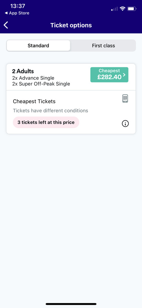 Trainline Ticket options screenshot