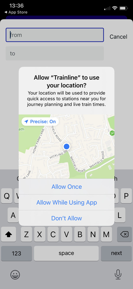 Trainline Enable location services screenshot