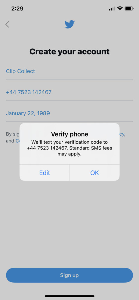 Twitter Verify phone number screenshot