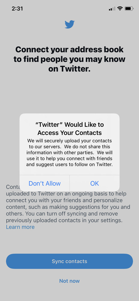 Twitter Allow contact access screenshot