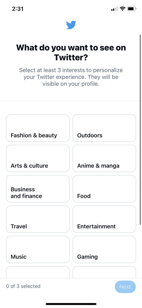 Twitter Select interests screenshot