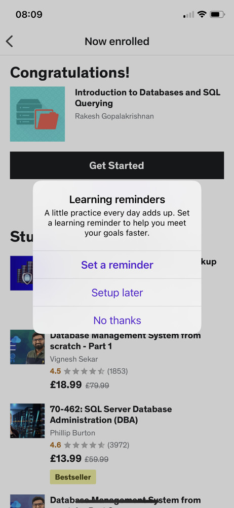Udemy Set reminders screenshot