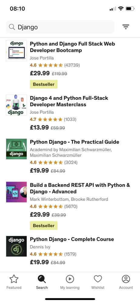 Udemy Search results screenshot