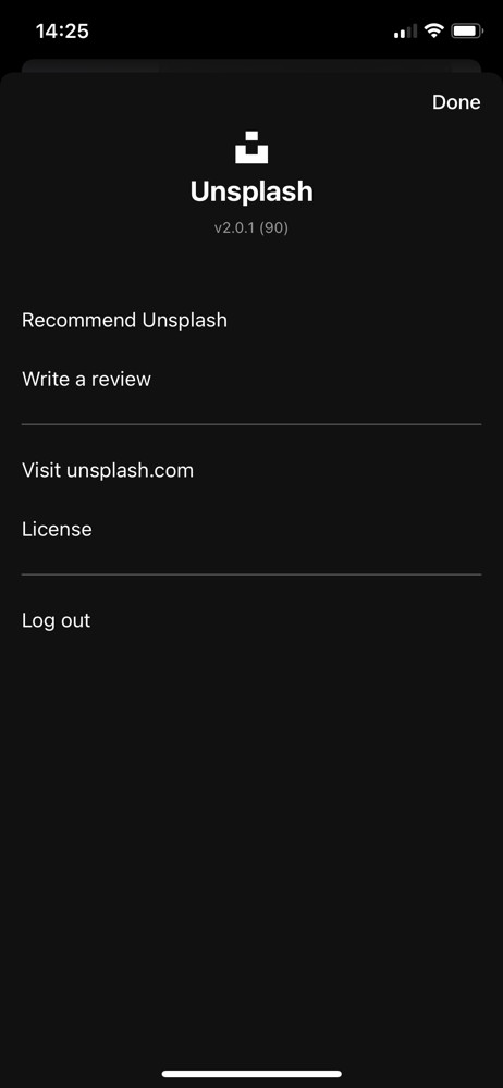 Unsplash Navigation menu screenshot
