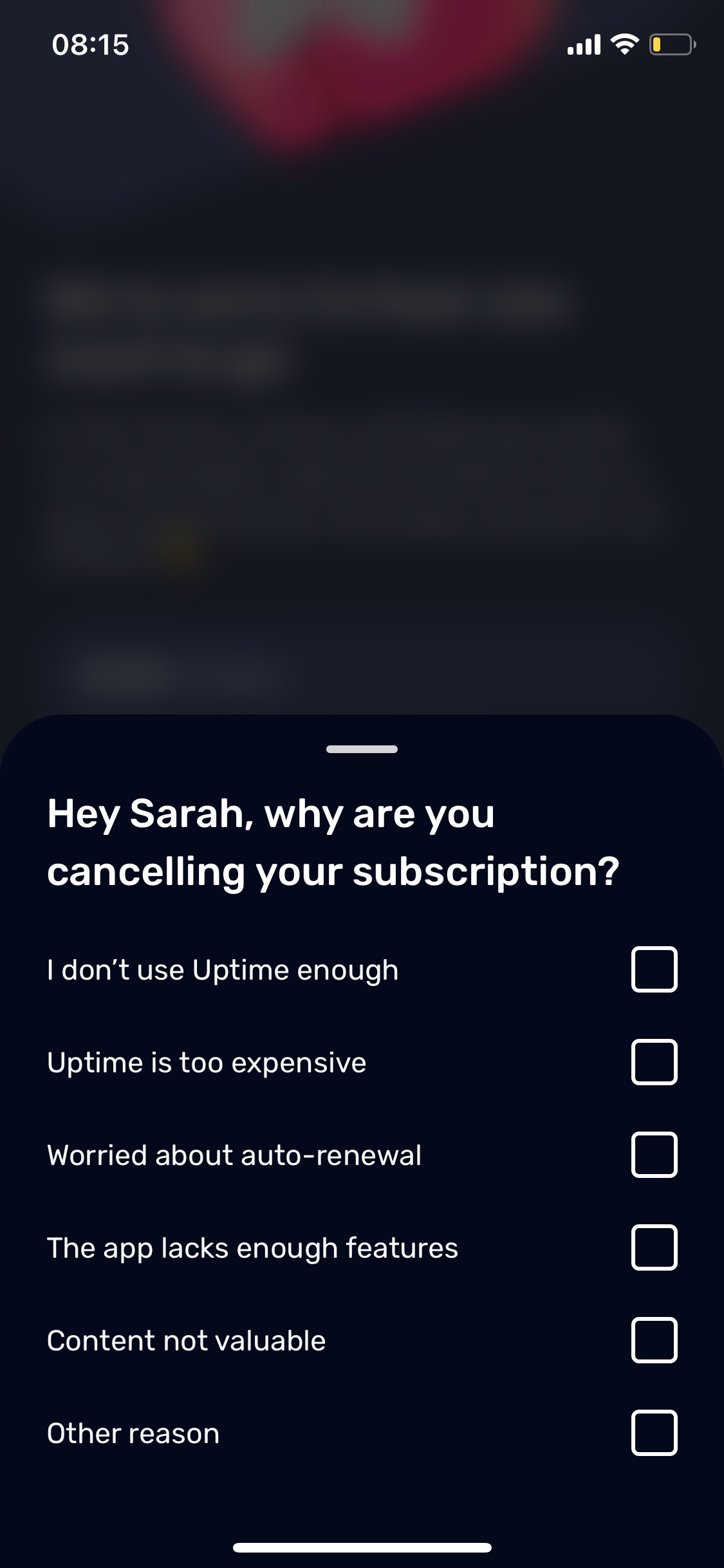 Screenshot of Uptime - Select cancellation reason