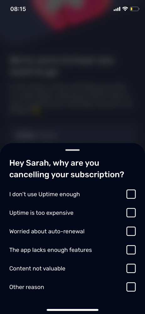 Uptime Select cancellation reason screenshot