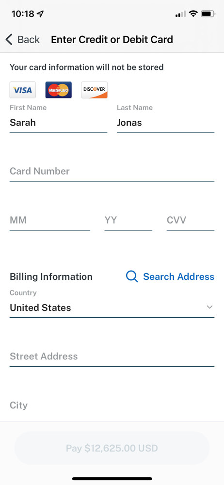 Vacasa Add payment method screenshot