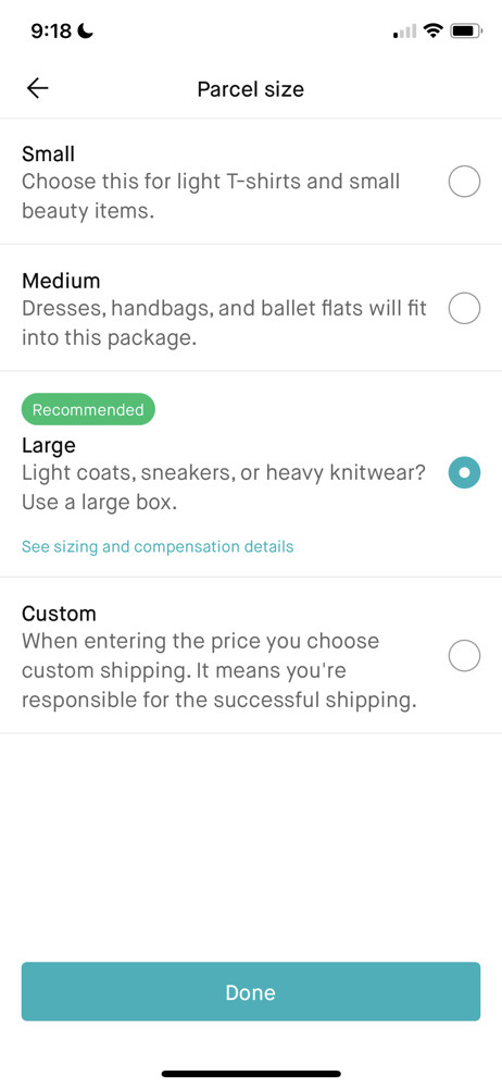 Vinted Delivery options screenshot