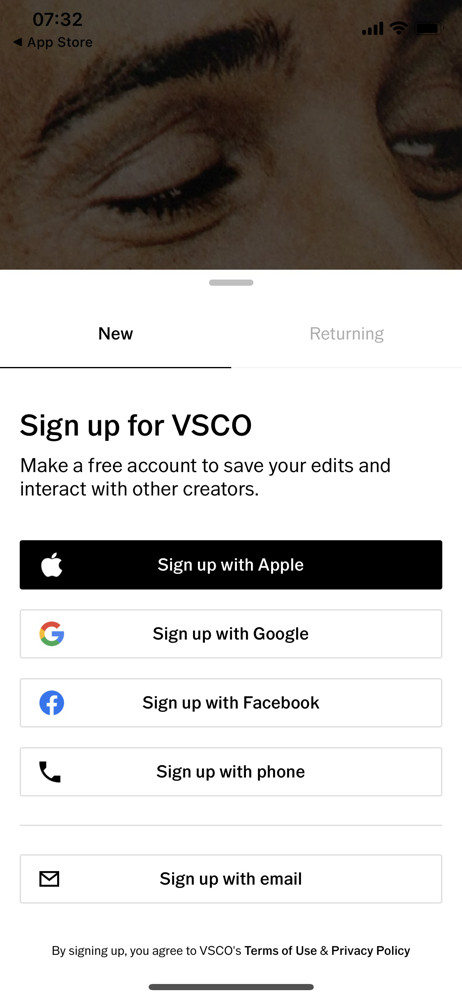 VSCO Sign up screenshot