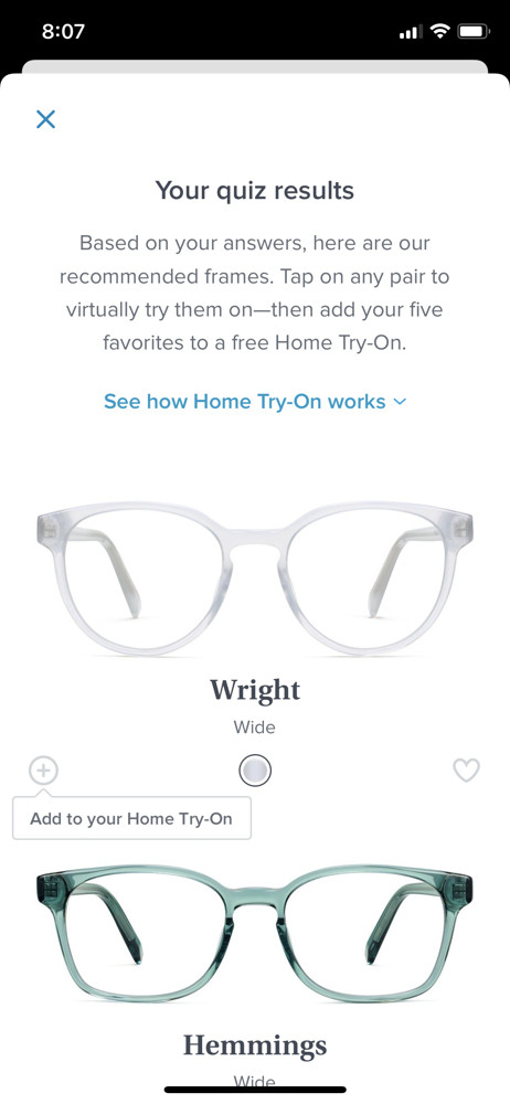 Warby Parker Results screenshot