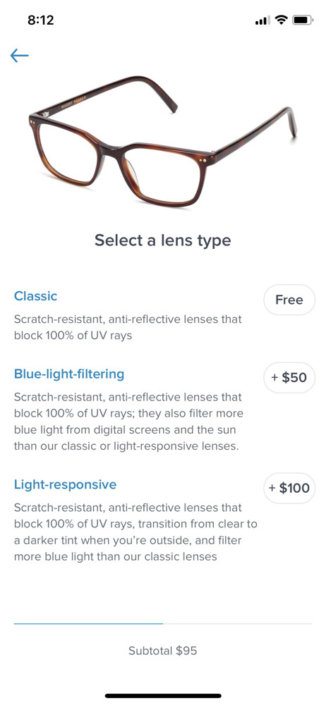 Warby Parker Product configurator screenshot