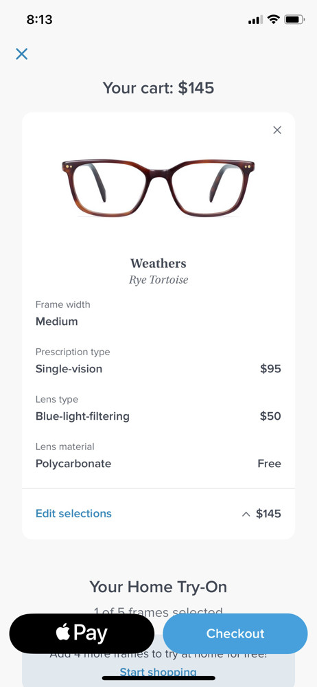Warby Parker Basket screenshot