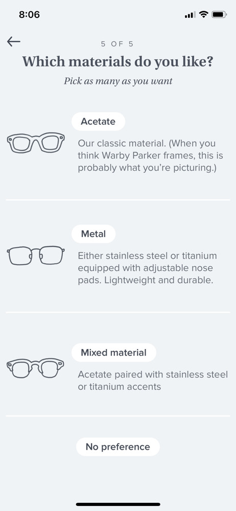 Warby Parker Survey question screenshot
