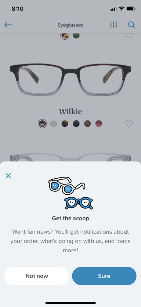 Warby Parker Enable notifications screenshot