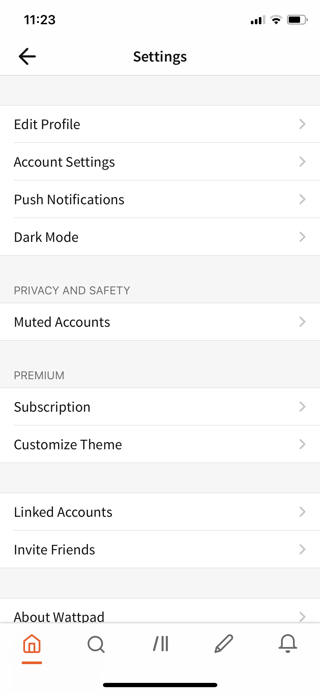 Screenshot of Wattpad - Account settings