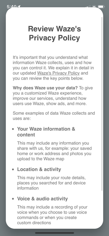 Waze Privacy policy screenshot