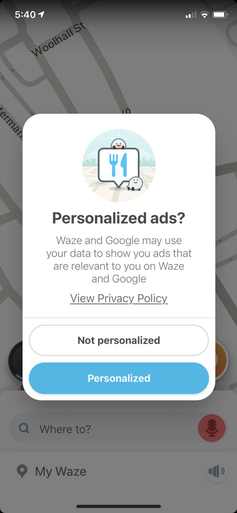 Waze Enable personalized ads screenshot