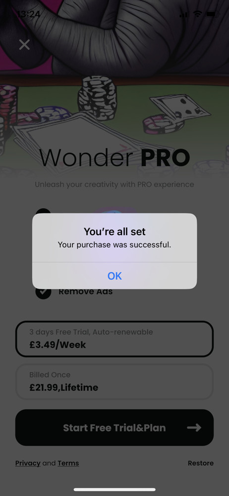 Wonder Purchase successful screenshot