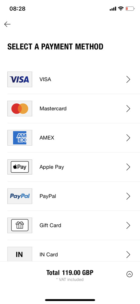 Zara Select payment method screenshot