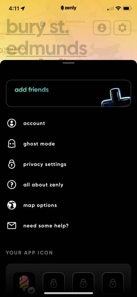Zenly Account menu screenshot